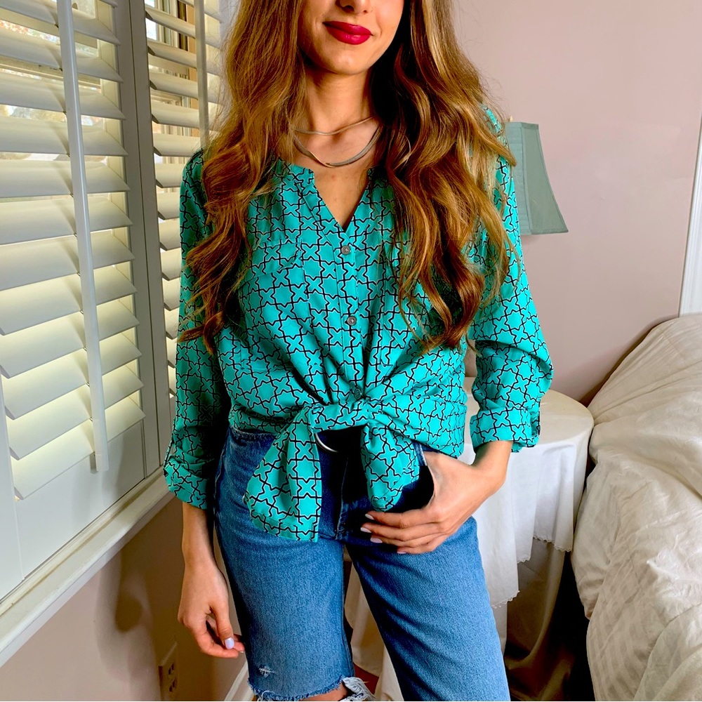 4 LEFT S-L Chic Spring Stretchy Turquoise Long Sleeve Blouse Shirt Top - Picture 5 of 5